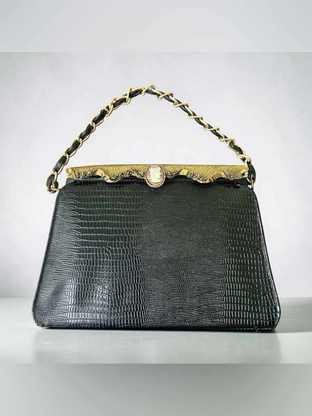 Vintage Black Embossed Frame Cameo Handbag